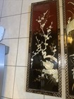 Vintage Asian Oriental Black And Red Lacquer Mother Of Pearl Wall Panels Flowers