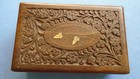 Vintage Inlaid  Carved   Wooden Trinket Box Wood Desk Top Storage Box Hinged Lid