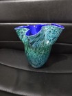 Vintage 6 75  Tall Art Glass Vase Peacock Green With Blue Cobalt Interior