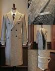 Men s Overcoats Herringbone Tweed Peak Lapel Double Breasted Formal Long Coats