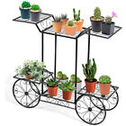 Garden Cart Metal Plant Stand Flower Display Rack Shelf With 4 Decorative Wheels