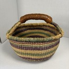 African Market Basket Ft Ghana Bolga Hand-woven  11  Leather Handle Earth Colors