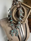 Antique Navajo Squash Blossom Necklace Blue Turquoise Sterling Silver Vtg  Usa