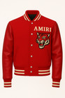 Men   s Red Amiri Varsity Jacket     Leather Sleeves  Tiger Embroidery  Streetwear