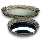 Vintage Oval Mirrored Vanity Tray Set Dressing Table Mcm Hollywood Regency