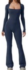 Women Square Neck Long Sleeve Jumpsuit Casual Wide Leg Long Pants Romper Black M