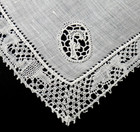 Flanders Bobbin Lace Linen Handkerchief  f  Monogram 9  Belgium  Wedding Vintage