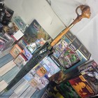 Vintage Mid Century Green Umbrella W  Hand Carved Womans Head On Handle W cover