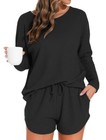 Womens Waffle Knit Pajama Sets Long Sleeve Top And Shorts Loungewear Sweatsuit