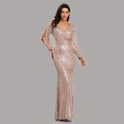 Women s V Neck Long Sleeve Sequin Bridesmaid Dress Gown Evening Party Dress