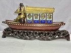 Rare Chinese 19th Wooden Gilt Enamel Gem Insert Boat With Instruments Lady 