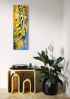Signed Painting Blue Botanical Collage Colorful 36x12x1 5 Acrylic Mixed Media