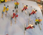 Vintage Barclay Cast Metal Winter Figures 7 Skiers Tin Skis Wire Poles Lot