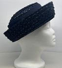 Vintage Original Chapeaux Louise Pillbox Style Hat Woven With Ribbon Navy Color