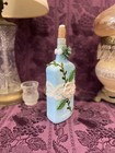 Decorative Bottle Stained Glass Hand Painted Upcycled Blue White Flowers Lace