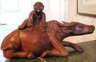 Antique Chinese Carved Wood Mahogany Color Statue Ox Or Water Buffalo Man Riding