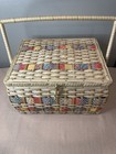 Vintage Sewing Box Hand Crafted Wood And Fabric Design Multicolored Pattern