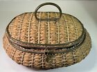 Victorian Wicker Sewing Basket W  Satin Pink Interior Original 1900 Vtg Rare Wow