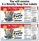 2x Funny Grandma Farts Soup Can Labels - Joke Gag Gift -  Fun Great Birthday 