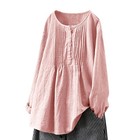 Women Casual Solid Fold Shirt Round Neck Blouse Button Blouse Long Sleeve Tops