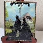 Reverse Painted Silhouette Convex Glass Couple Baby Pram Picture Metal Frame Vtg