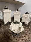 Rare 4 Pc Arthur Court Grape Tuscan Ceramic Canisters   Bowl On Metal Pedestals
