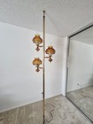 Vintage 60 s Tension Pole Lamp 3 Lights-w-hurricane   Amber Quilted Glass Shades