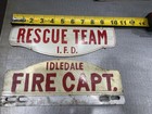 Two Vintage Idledale Colorado Fireman Captain Rescue Team Metal Signs