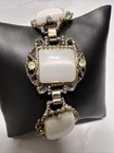 Napier Wide Gold Tone Link Bracelet W Faux Mother Of Pearl  Pearl   Rhinestones