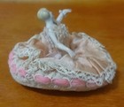 Rare Vintage 1920s Porcelain Half Doll Pin Cushion Lady Peach Dress Lace Beads 