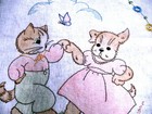 Pair  Vtg Crib Covers Kitten Puppy Orange Peach Hand Embroidery