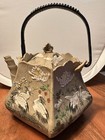 Antique Japanese Kyo Satsuma Moriage Crane Teapot Pentagonal Bamboo Spout C1900