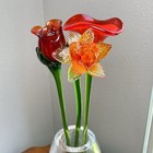 Set Of 3 - 19  Long Stem Orange Red Green Glass Flower - Murano Hand Blown Read