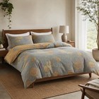 New Anthropologie Blue Orange Floral Cotton Queen   King Bedding Duvet Sham Set
