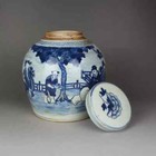 7   china Antique Old Late Qing Dynasty Blue White Character Story Pattern Lid Jar