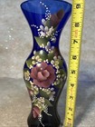 Vtg Handblown Cobalt Blue 9    Art Glass Vase Handpainted Roses Delicate Foliage