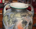Antique Japanese Asian Pottery Vase Painted Birds Trees Sunrise Large Vase