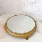 Round Beveled Vanity Plateau Mirror Gold Silver Plate Footed Tray Ornate Vintage