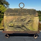 Vintage Cast Stone Koi Fish Planter Box W Lidded Top On Iron Scroll Base Trough