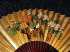 Vtg Large Asian Fan Wall Art Hand Painted Gold W  Birds   Flowers