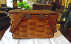 Vintage  Antique Wood Woven Basket  Hinged Lid   Swing Handle  Small Rectangular