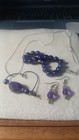 3 Piece Jewelry  Purple Bead Bracelet earrings silver Heart Charm Necklace