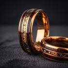 Rose Gold Tungsten Meteorite Men   s Wedding Ring     Crushed Gold Leaf   Red Opal