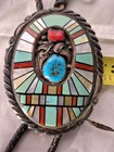  Vintage Navajo Sterling Inlay  Turquoise   Coral Bolo Tie