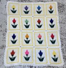 Vintage 42x50 Handmade Crochet Blanket Granny Square Tulips White Scalloped 1950