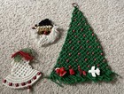3 Vintage Handmade Macrame Christmas Tree Santa Bells Hanging Art Beads Decor