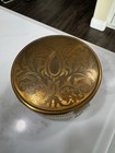 Vintage Art Deco Glass Vanity Powder Makeup Jar Gold Lid Floral Embossed Trinket