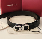 Ferragamo Belt Men Black Leather Silver Buckles Adjustable Size 85-105