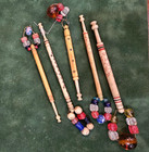 Antique Bone Spangled Lace Making Bobbins Named Lot Of 5