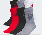 6 Pairs Adidas Youth Cushion Crew Black White Grey Socks Shoe Size 2y-5y Medium